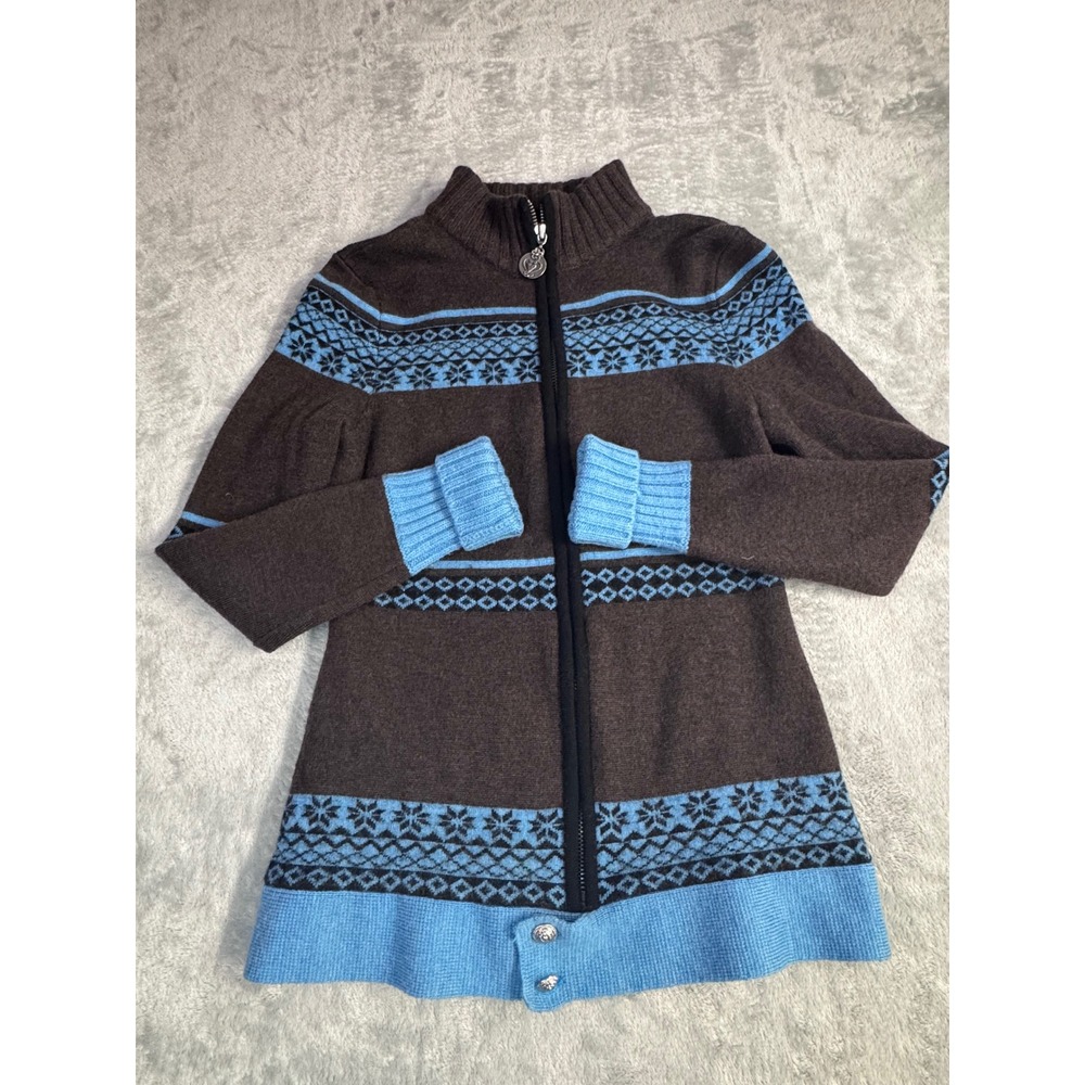 Neve Designs Womens 100% Wool Full Zip Nordic Fair Isle Sweater Brown Blue Small